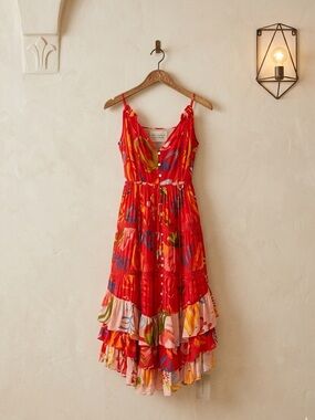 Farm Rio Mixed Fruits Ocean Midi Dress Small Tiered Ruffle NWT